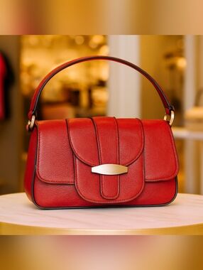 Time and Tru Red Faux Leather Shoulder Bag with Gold Hardware